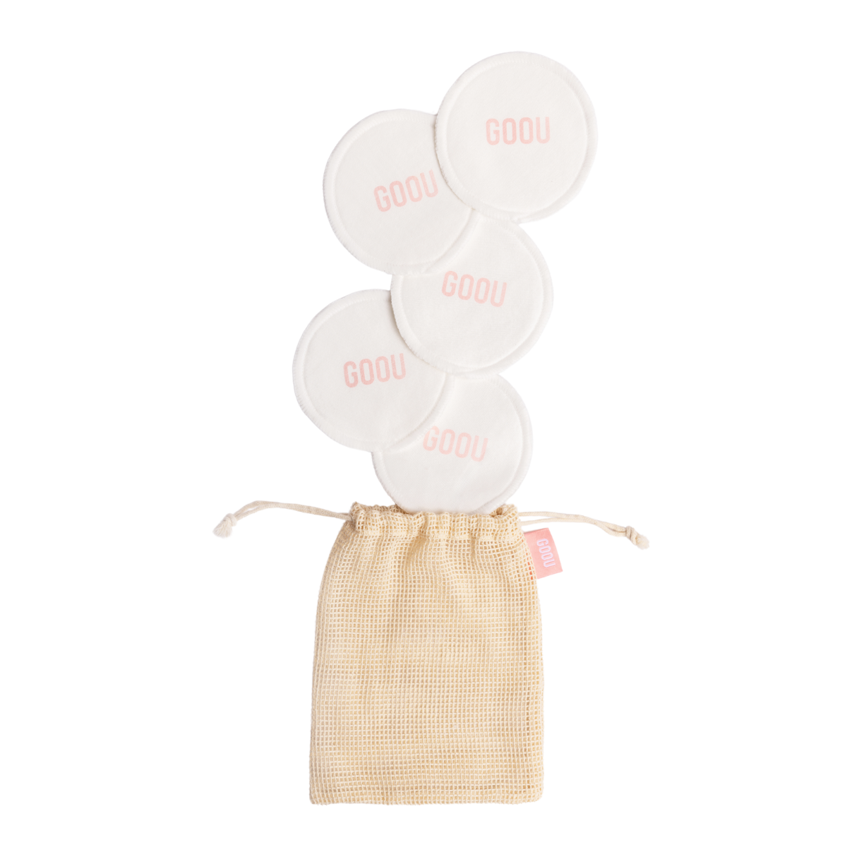 Goou Beauty white bamboo cotton cleansing reusable makeup remove pads with bags on white background