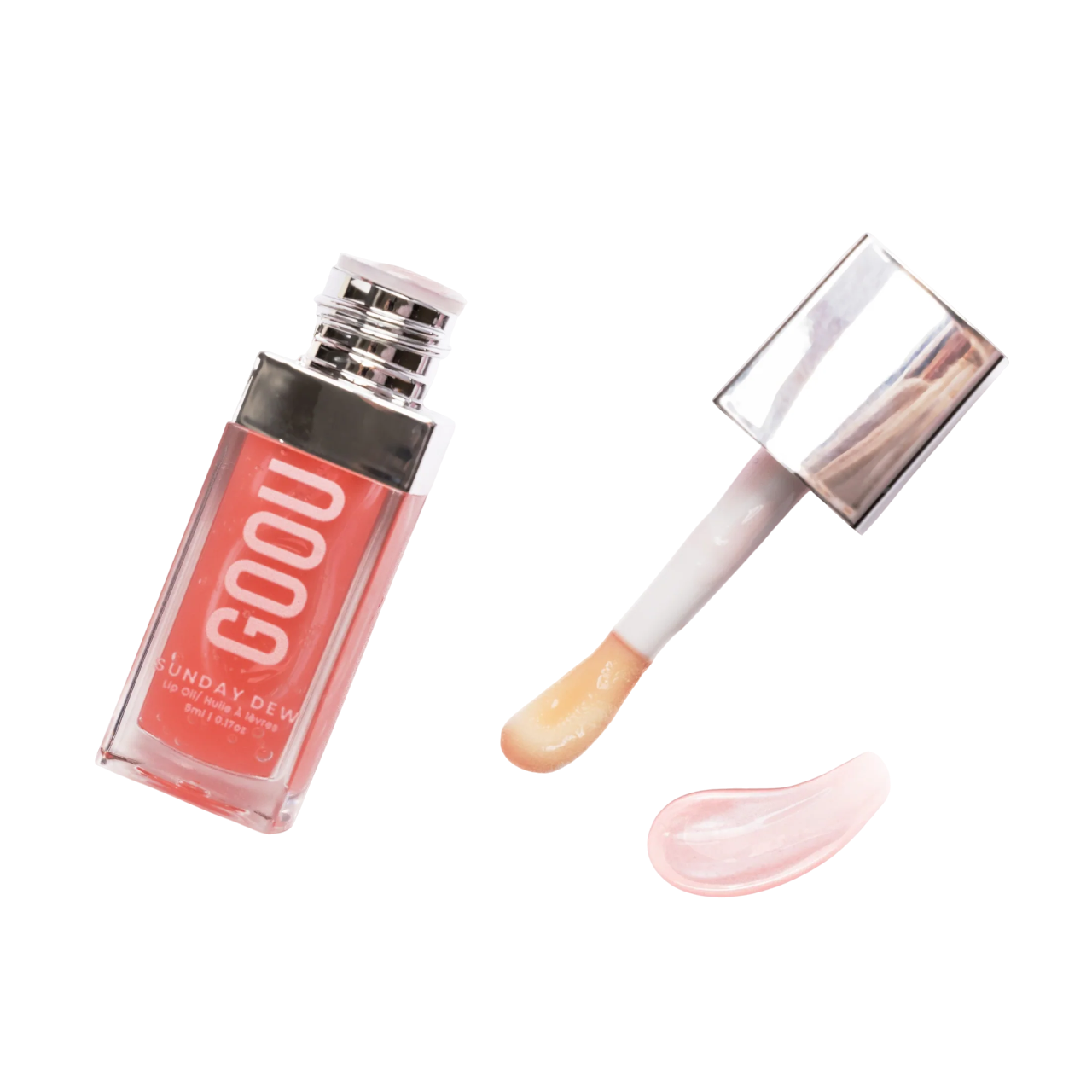 GOOU Beauty Sunday dew lip oil gloss with applicator and texture on a white background