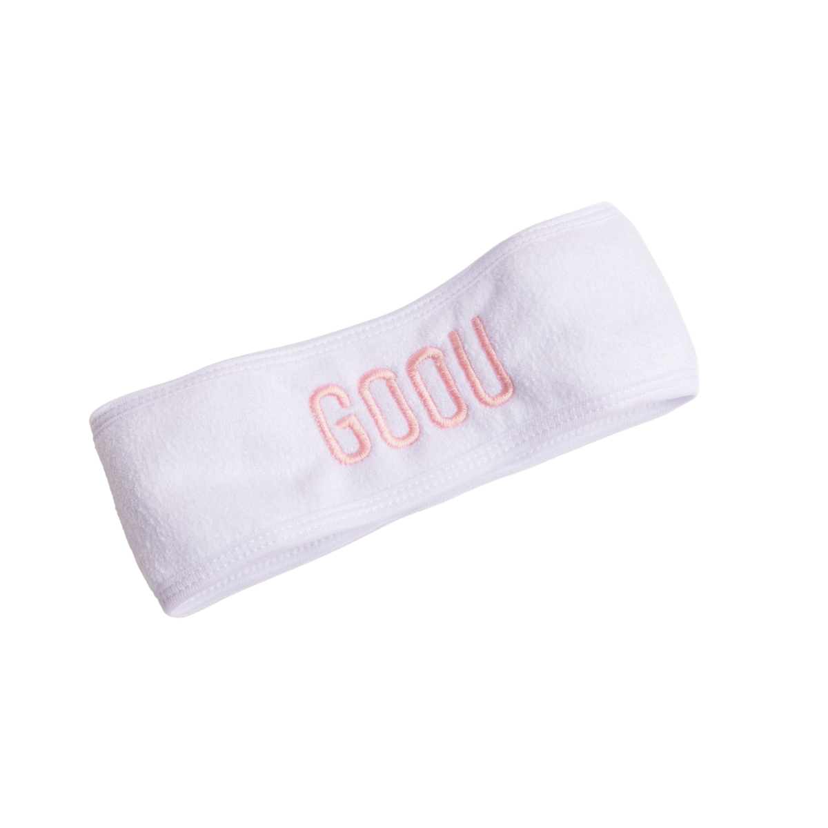 Goou Beauty white spa headband for makeup removing with pink logo on white background