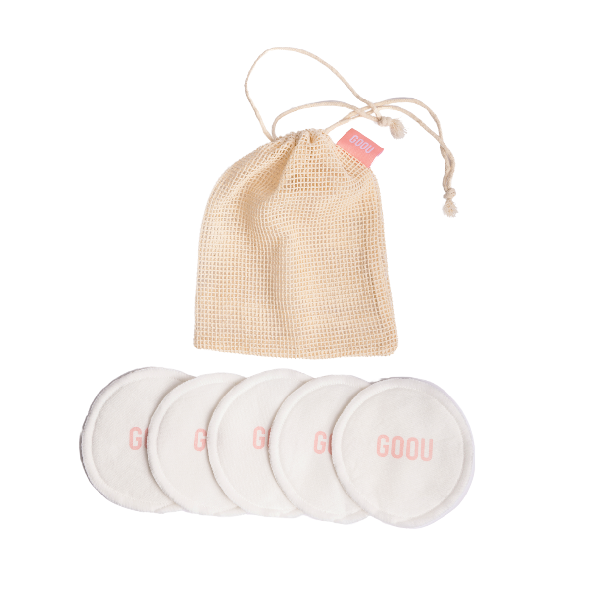 Goou Beauty white bamboo cotton cleansing reusable makeup remove pads with bags on white background