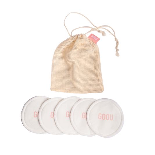 Goou Beauty white bamboo cotton cleansing reusable makeup remove pads with bags on white background