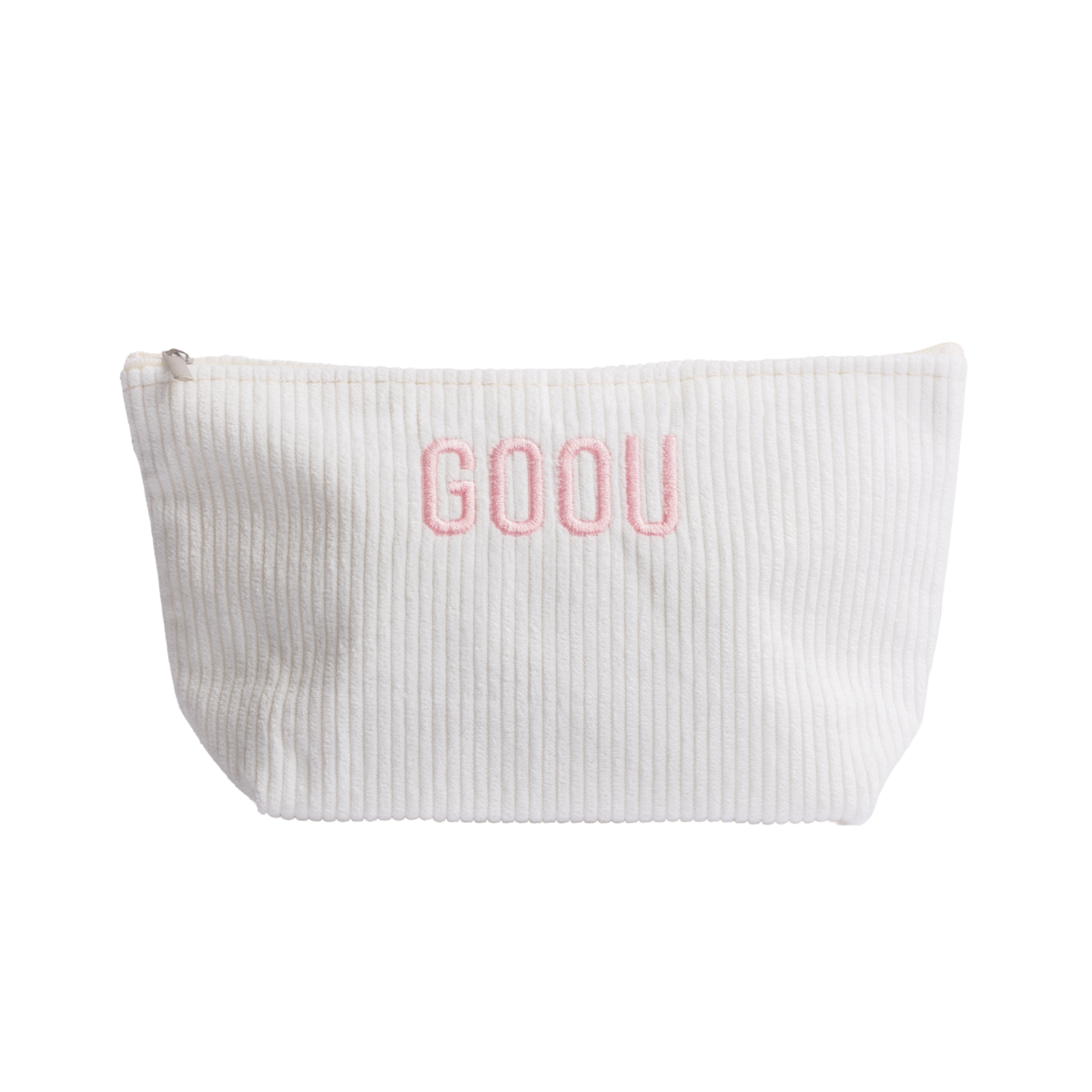 Goou Beauty cosmetic makeup beauty travel bag in white with pink logo on white background