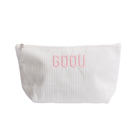 Goou Beauty cosmetic makeup beauty travel bag in white with pink logo on white background