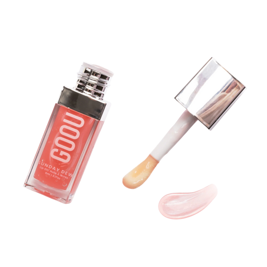 GOOU Beauty Sunday dew lip oil gloss with applicator and texture on a white background