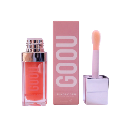 GOOU Beauty sunday dew lip oil gloss with applicator and pink packaging on a white background